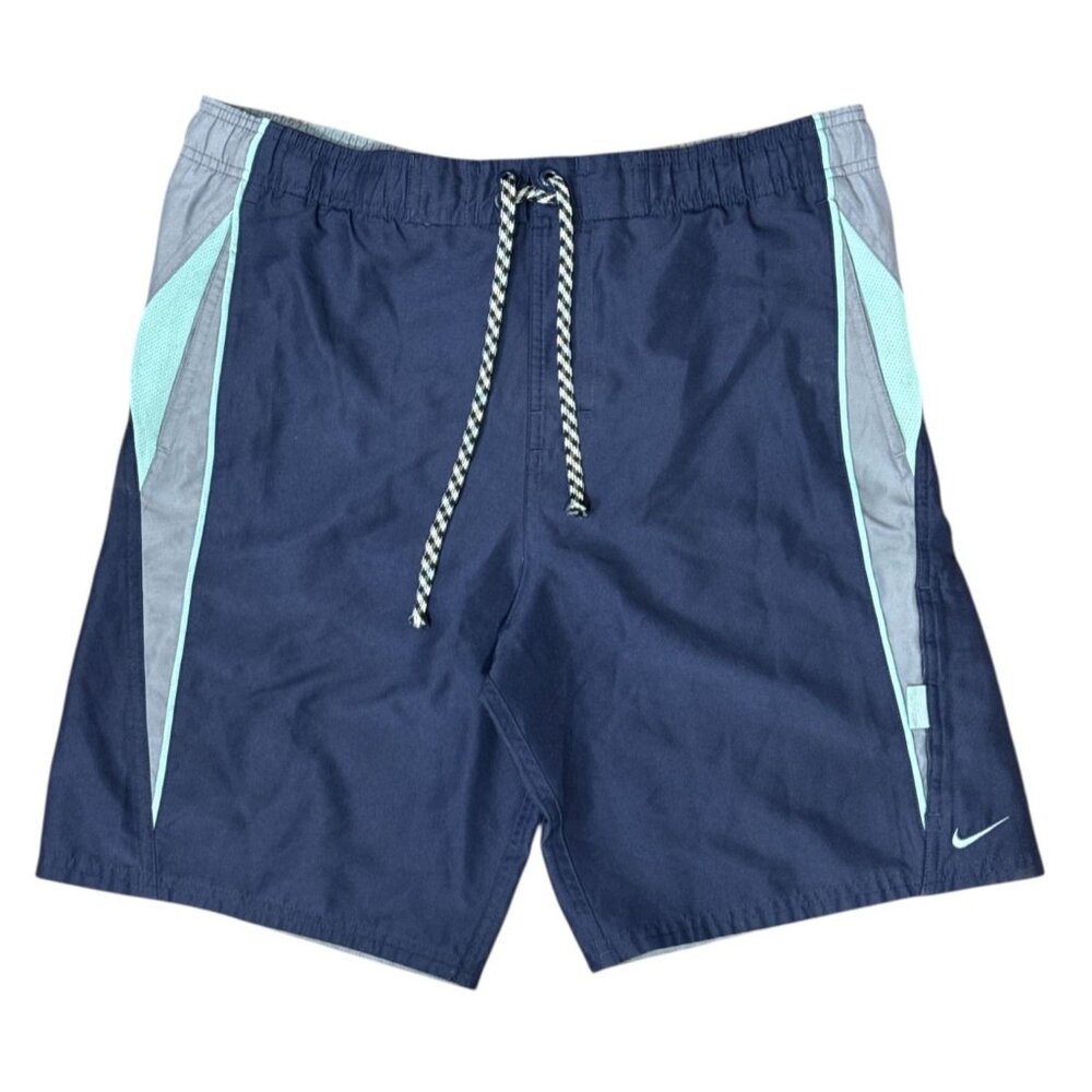 Nike Mens Swim Trunks Size Small Navy Gray Colorblock Mesh Lining Drawstring